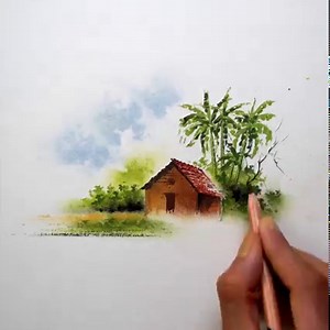 333K views · 10K reactions | Amazing oil pastel drawing of a village scenery with house, trees and river | Morning Drizzle | Facebook