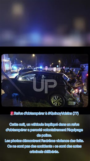 🚨Refus d’obtempérer à #quincyvoisins77 Cette nuit, un véhicule impliqué dans un refus d'obtempérer a percuté volontairement l'équipage de police. Les photos démontrent l’extrême #violence des faits. Ce ne sont pas des #accidents accidents : ce sont des actes criminels délibérés. Soutien total de #unsapolice à nos collègues blessés. Toujours à vos côtés !👮‍♂️
