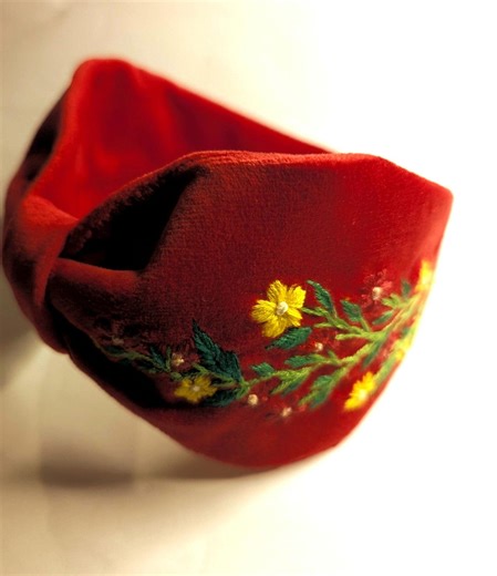 Hand Embroidered Red Velvet Headband, Yellow Floral Boho Hair Accessory, Handmade Folk Style. - Etsy