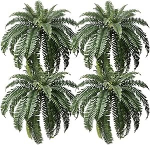 Artificial Boston Ferns 48" UV Resistant Faux Ferns With 33 Fronds for Outdoors - Large Fake Plants for Home, Garden, Front Porch and Hanging Decor - Lifelike Greenery for Indoor Spaces,4pcs VN141