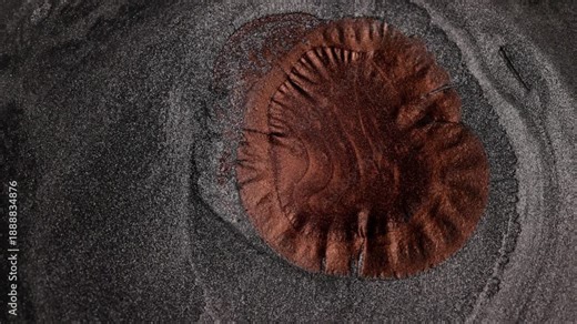 Abstract macro video of central copper paint circle expanding and spreading slowly into dark silver metallic fluid forming intricate ridges and revealing shimmering sandy texture on dark background