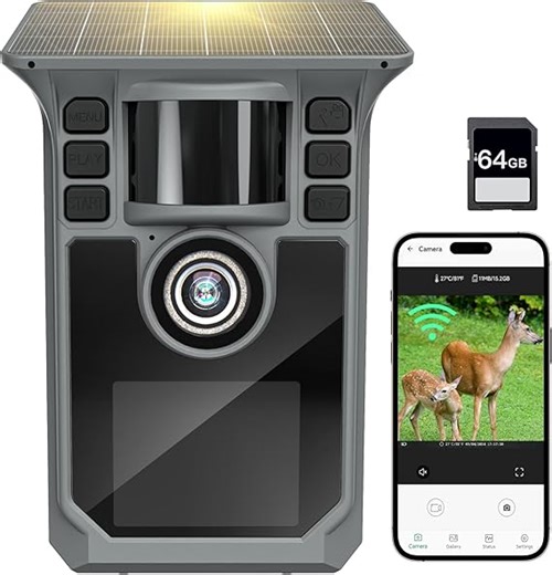 4K 64MP Wildkamera mit Handyübertragung APP, Solar WLAN Bluetooth Eingebaute 5000mAh, 64GB Speicherkarte, Wildkamera mit Bewegungsmelder Nachtsicht, IP67 Wasserdicht 130°Weitwinkel