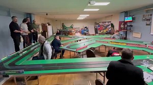 One of our 3-minute HO (1/64th) Qualifying races with Tyco 440X2 F1’s on Yellow and Red Lanes, Viper Lexan cars on Green and Blue on our 146’5” 4-lane Brasilia circuit. | Derby HO Racing Club