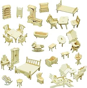 Small Furniture,Dollhouse Furniture and Accessories 34PCS Wooden Dollhouse Furniture Set 3D Puzzle Miniature Puzzle Doll House Furniture Kit Puzzle Gift for Kids Teens and Adults