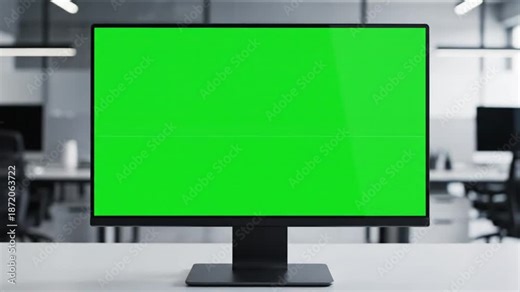 Front view of modern desktop computer with green screen monitor on a white table in an office setting