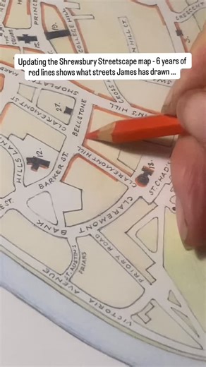 Come along and see the Streetscape Maps up at our open studio on Saturday 22nd November 10 –5 p.m. Map also for sale – without red lines – if you like! Just DM or go to comments for website #shrewsbury #myshrewsbury #originalshrewsbury #streetscape #mapsofinstagram #mapsofengland | Shrewsbury Streetscape Project