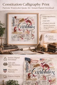 Constitution Calligraphy Wall Art | U.S. Constitution Watercolor Print | Patriotic Quote Art | Instant Digital Download - Etsy