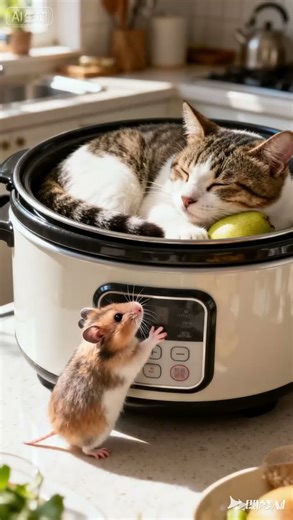 Shocking! 😱😱 Sneaky Mouse Tries to Turn On Cooker While Cat Sleeps 猫は炊飯器で眠る #cat #cute #funny #pets