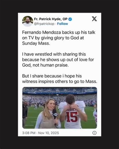 ChurchPOP on Instagram: "During FOX’s Big Noon Saturday broadcast, Indiana Hoosiers all-star Fernando Mendoza gives all the glory to God for their win against Penn State. Alongside teammate Omar Cooper Jr., Mendoza begins his post-game interview saying, “First of all–I know we both agree with this–we want to give all the glory to God. Without Him, we wouldn’t be here right now, and it’s so amazing that He’s given us this opportunity and platform to do this.” His humble response to the team’s inc