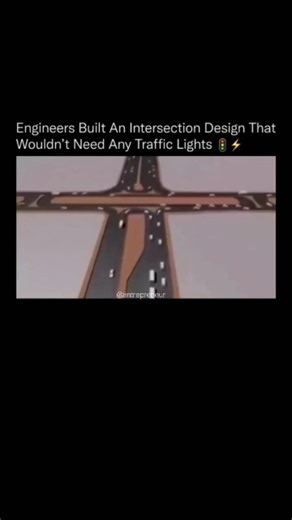 Fact.based on Instagram: "Cities have spent a century teaching cars to stop, but this design shows what happens when the road does the thinking instead 🚗💡 This intersection model replaces traditional traffic lights with a coordinated flow system built around timing, spacing, and continuous movement. Instead of forcing every lane to halt and restart, vehicles glide through on staggered paths that prevent collisions while keeping momentum intact. The idea is simple but powerful. When cars no lon