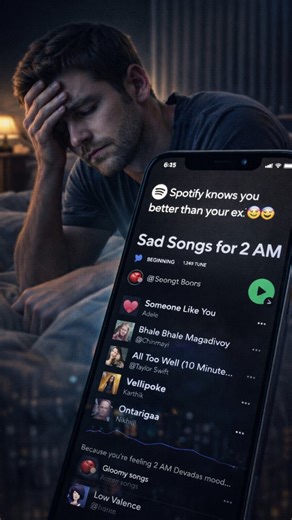 Shashidhar Chelimela on Instagram: ".Why does Spotify suggest sad songs at 2 AM? 🌙🤔 Manaki breakup ayyindi ani vadi ki ela telusu? Tag that friend who always has a "Sad Boi" playlist ready! 👇 [ spotify algorithm, how spotify works, spotify sadness, 2 am playlist, spotify knows your mood, music recommendation algorithm, spotify data science, echo nest, valence score, music psychology, why spotify recommends sad songs, late night songs, breakup playlist, emotional music, AI in music, machine le