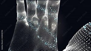 3d palm of small rotating particles. Demonstration of the palm in 3D, to look at a part of the body in 3D. Parts of the body in medicine. Finger transplant