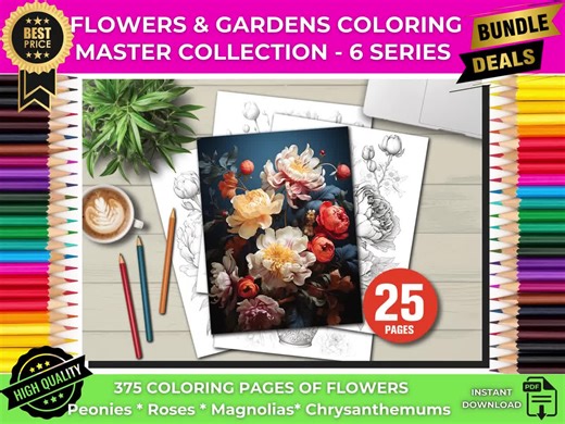 375 Pages Flowers Coloring Book Bundle – Peonies, Roses, Magnolias, Chrysanthemums ,baskets With Flowers | Relaxing Floral Art Collection - Etsy
