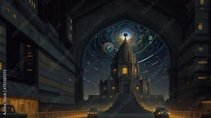 Fantastic cityscape at night, retro futuristic architecture, high buildings and towers in vintage style. Steampunk urban scene, alien world. AI generated cinematic video Stock Video