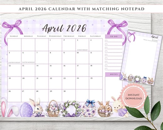 April 2026 Calendar and Notepad Printable (PDF & PNG) - Etsy Canada