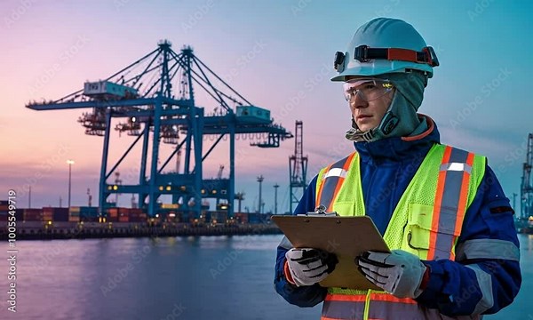 Port Worker with Clipboard: A port worker dressed in safety gear and a reflective vest, holding a clipboard, with a plain or gradient background behind them. Stock Video