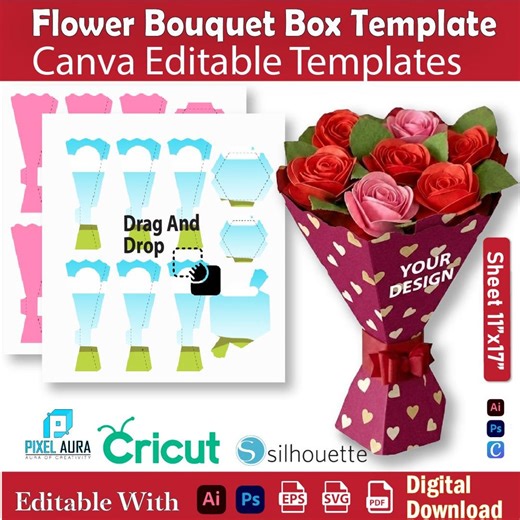 Flower Bouquet Box Template, Flower Box, Flower Bouquet, Gift Box, Rose Bouquet Template, Flower Bouquet SVG, Wedding Bouquet, Party Favor - Etsy