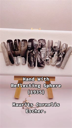 All Handpainted by Phuong My Savage! Hand W Reflecting Sphere by M.C. Escher. #nailart #mcescher #beetlesgelpolish #twinflames #fineart #reflection