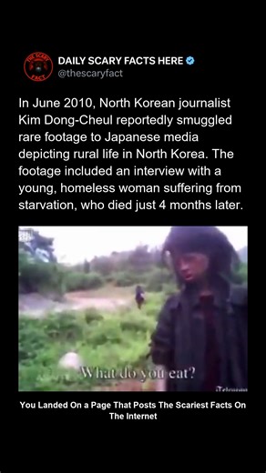 Thescaryfact ™ on Instagram: "In June 2010, North Korean journalist Kim Dong-Cheul was reported to have smuggled rare video footage out of North Korea to Japanese media outlets. The footage allegedly showed harsh rural living conditions rarely seen by the outside world. Among the scenes was an interview with a young, homeless woman suffering from extreme starv!#&*ation. According to reports, she d!#&*ied just four months later. While details remain difficult to independently verify due to North 