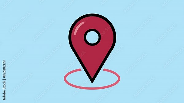 Red and blue location pin symbol appearing on screen. Location indicator symbol. Blue background and pink screen background.