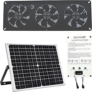 25W Solar Powered Fan 3 Fan Kit 12000mAh Lithium Battery Solar Panel Solar Exhaust Fan for Chicken Coop Greenhouse Attic Vent Shed 2600RPM 10ft Cord IP67 Waterproof Silver