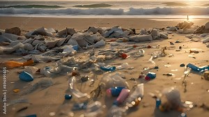 Heartbreaking view of beach covered in mounds of plastic waste, highlighting environmental degradation under a cloudy sky Stock Video