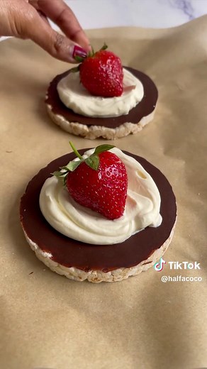 Chocolate Coated Rice Cakes with Strawberries and Cream