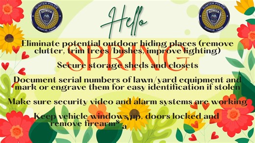 6.4K views · 14 reactions | SPRING SAFETY TIPS Eliminate potential outdoor hiding places (remove clutter, trim trees/bushes, improve lighting) Secure storage sheds and closets. Document serial numbers of lawn/yard equipment and mark or engrave them for easy identification if stolen. Make sure security video and alarm systems are working. Keep vehicle windows up, doors locked and remove firearms and other valuables. | Sumter Police Department | Facebook