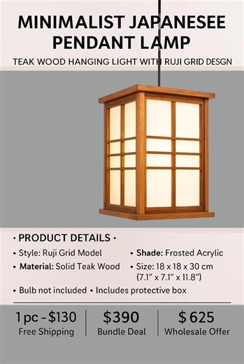 Teak Wood Pendant Lamp Japanese Ruji Grid Design - Shoji Style - Etsy