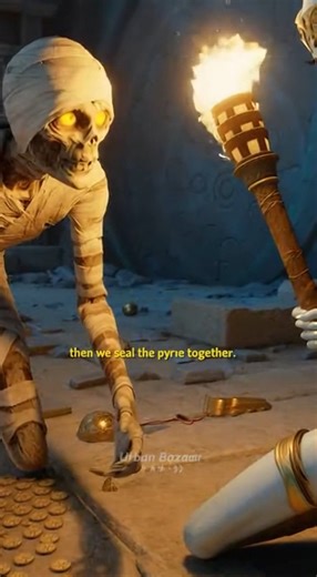 Deep beneath an ancient Egyptian pyramid, a dim torch flickers inside a crumbling underground chamber filled with gold, relics, and forgotten treasures. A frantic mummy with glowing yellow eyes desperately hands over a mysterious box, whispering in panic: “We’re running out of time… Take what you can—the walls are failing.” Beside it stands a calm, blue alien-like being marked with bioluminescent symbols, holding the only light in the tomb. But then…the impossible happens. The massive circular s