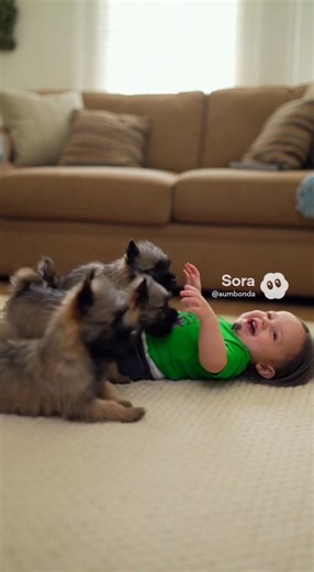 TINY BABY AUMBONDA MOBBED BY PUPPIES