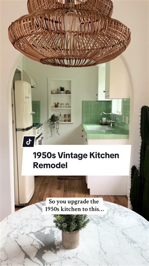This 1950s kitchen was inspired by The Mint Casa with the mint tile kitchen. 🫶🏻 #fypage #fy #vintagekitchen #kitchenremodel #1950s #vintagestyle #remodel #kitchendesign #kitchendecor #kitchenbeforeandafter #kitchen