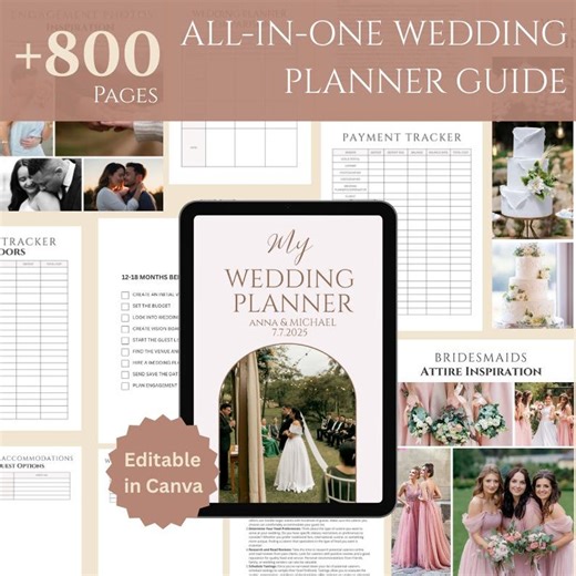 800  Page Wedding Planner Canva Templates | Editable Wedding Planning Binder With Printable Checklist - Etsy