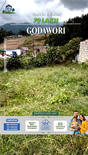 Property Code: 807 🏡 Land for SALE at Godawori 💲Price : 17 Lakh per Aana 🏘️Total area: 4 Aana 2 Paisa 🛣️ Road : 16 Feet Contact : ☎️ 9860342444 | ☎️ 9851353969 | 🤝घरकिन्दा सम्झिनु ल | _________________________________________ 💡 Gprealestate absolute solution for you | _________________________________________ - Best Real Estate Company in Nepal | - Get loan. Easy terms. Fast approval | - Experts help for buying and selling Consultant | 🌸 Further information G.p.Real Estate Pvt.Ltd 📍Imado