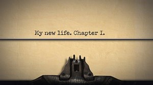 Animation of a close up of the type guard and moving type bars of a typewriter, typing out the words My new life. Chapter I, in upper and lower case letters and number, on cream coloured paper