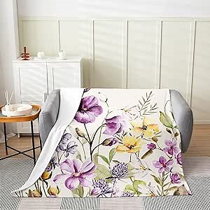 Floral Flannel Fleece Throw Blanket Flowers All Season Bed Blanket for Sofa Botanical Blossom Plush Blanket Natural Theme Purple Yellow Green All Season Bed Blanket Room Decor Bedroom Queen 90"x90"