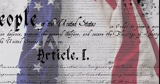 United States Constitution text with American flag animation overlay