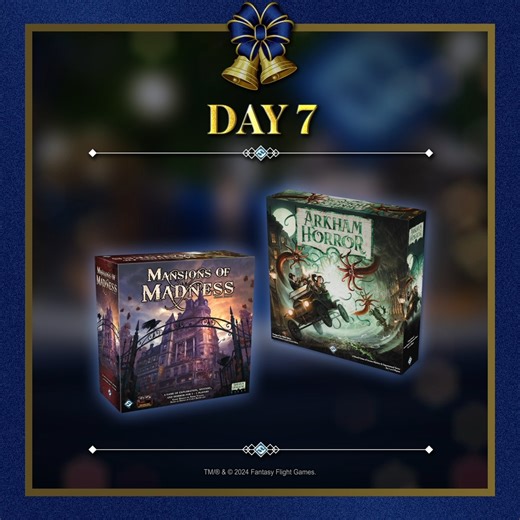 Day seven of Twelve Days of Giveaways is here! Comment with your favorite skill (lore, influence, observation, strength or will) for a chance to win a copy of Arkham Horror Third Edition and Mansions of Madness Second Edition! Rules: https://bit.ly/4izft6D | Fantasy Flight Games