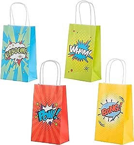 Juvale Comic Favor Bags - Paper Bags with Handles - Multicolor Comic Book Design - 8.3 x 5.5 x 3.1 Inches, Pack of 12
