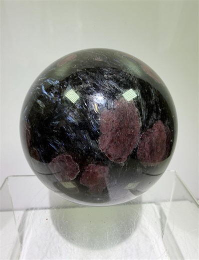 Garnet and Arfvedsonite Crystal Sphere: 76mm Stunning Red Garnet in Arfvedsonite Matrix Large Display Sphere With Pretty Blue Flash - Etsy