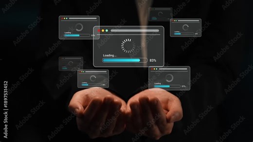 Hands Reaching Out to Illustrate Digital Loading Animation with Progress Bars and Website Windows Floating in a Modern Workspace Setting Gluon.