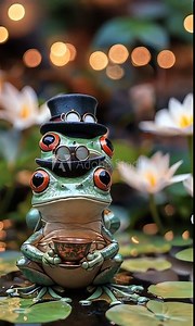 A frog wearing a top hat and goggles sits on lily pads in a pond, holding a cup of tea.