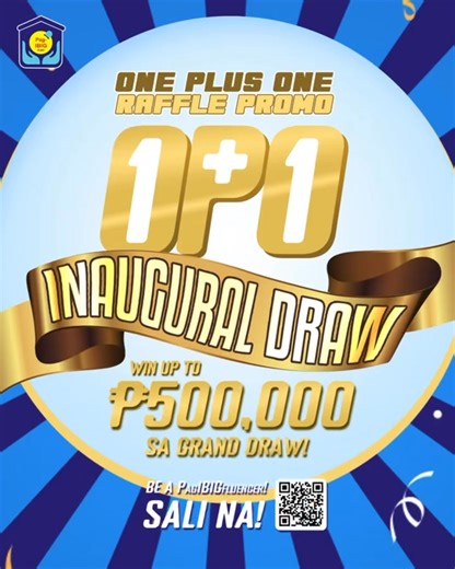 Calling all PagIBIGfluencer at mga Plus 1! 📢 Sa January 30 na ang INAUGURAL Draw ng Pag-IBIG 1 Plus 1 Raffle Promo 🤩​ Tandaan, ang bawat P200 na hulog mo, katumbas ay isang raffle e-ticket! Mas malaki ang hulog, mas maraming tsansang manalo ng P50,000 at hanggang P500,000 sa Grand Draw! Mag sign-up, mag-refer at maghulog na sa Pag-IBIG Fund mula ngayon hanggang January 24 para makasali!​ To sign-up for Pag-IBIG 1 Plus 1 Raffle Promo, click > https://www.pagibigfundservices.com/1plus1/ Pay your
