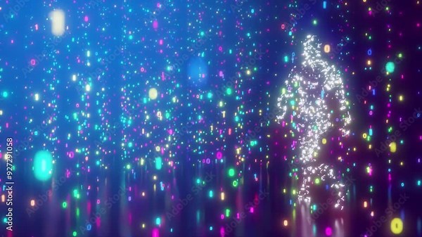 looped 3D animation. a person as the sum of the numbers of a binary code goes through the flow of information