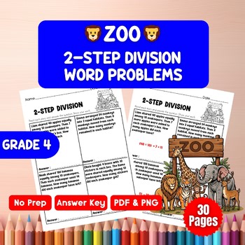 Zoo 2-Step Division Word Problems Grade 4 Worksheets with Answer Key PDF
