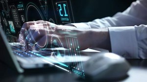 Satellite communication and data exchange system and laptop typing.