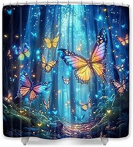 Blue Enchanted Forest Shower Curtain，Magic Fairy Tale Gemstone Blue Forest Cute Butterfly Shower Curtain for Bathroom, Fantasy Nature Fabric Cloth Waterproof Bathroom Curtain with Hooks