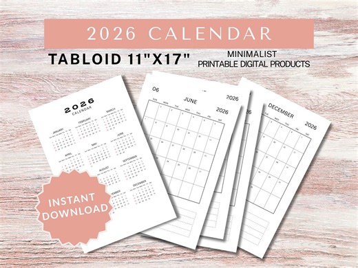 2026 Printable Calendar, 11"x 17" Tabloid Size, Minimalist, Monthly, Yearly Calendar - Etsy