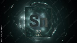 Tin as Element 50 of the Periodic Table. Seamlessly looping 3D animation on green illuminated atom design background orbiting electrons name, atomic weight element number in Japanese language