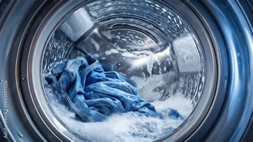 洗濯機のドラム内で水が満ち衣類が回転しながら洗浄工程が進む内部構造を強調した表現